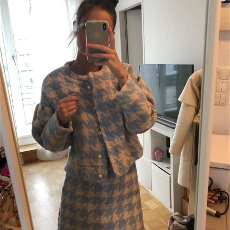 Women Pearl Button Check Gingham Plaid Blazer High Waist A line Mini Short Skirts Long Sleeve Suits 2 Pieces Set