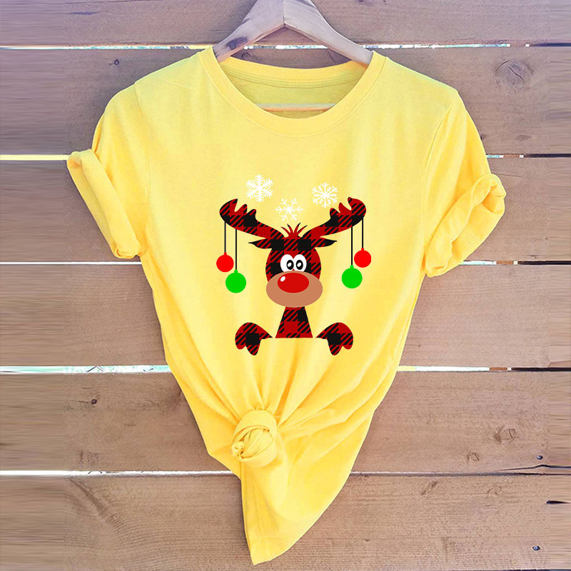 JCGO Women T Shirt Cotton Summer Plus Size 5XL Cartoon Christmas Deer Print Short Sleeve O-Neck Casual TShirts Tops Basic Tees 210306
