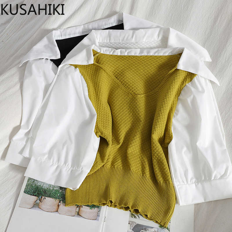 KUSAHIKI Patchwork Hit Color Puff Sleeve Turn-down Collar Pullover Knitwear Summer Korean Short Knitted Tops 6H412 210602, Green
KUSAHIKI Patchwork Hit Color Puff Sleeve Turn-down Collar Pullover Knitwear Summer Korean Short Knitted Tops 6H412 210602, Green