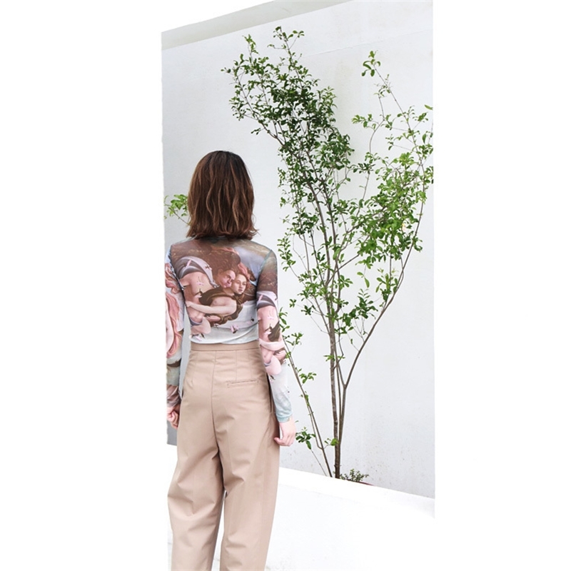 Korea Female Sexy Tee Tops Print Elastic Mesh Top Painting Long Sleeve Women Shirts Vintage Blouse blusas Tattoo clothes Q549 210225