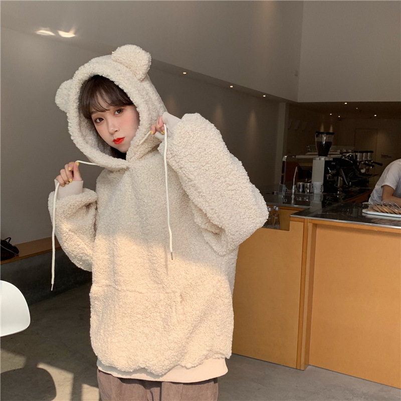 QRWR Women Hoodie Korean Style Winter Casual Cute Kawaii Warm Sweatshirt Loose Female Pocket Oversized Hoodies for Girls 201112