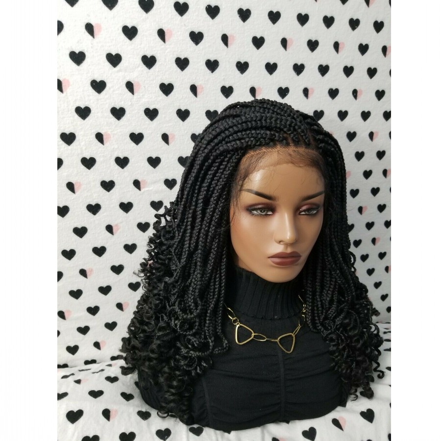 200 Density Short Box Braids Wig With Curly Tips Handmade Synthetic Braided Lace Front Wigs For American Black Women