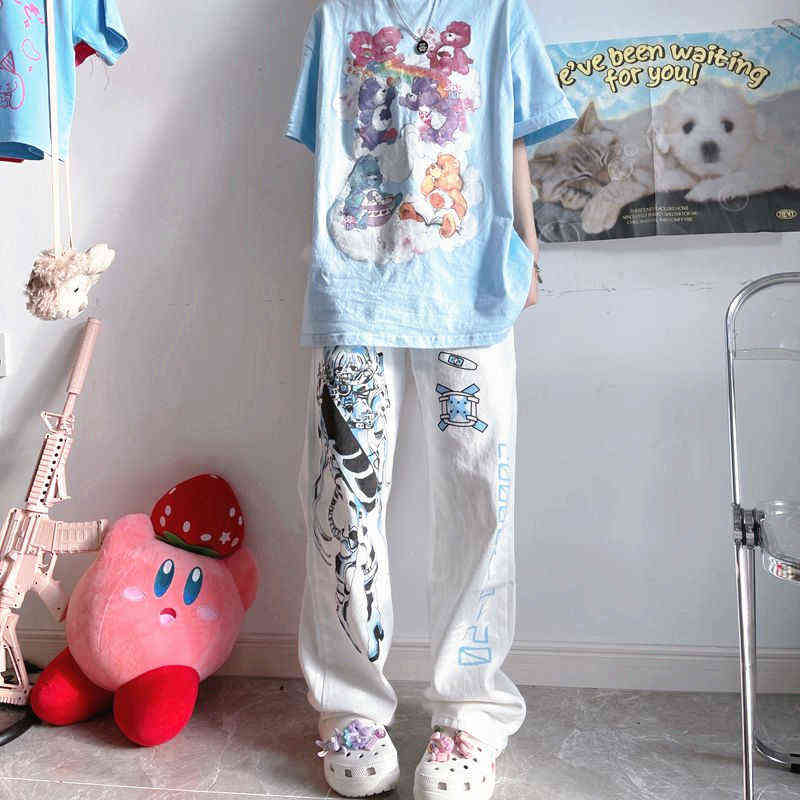 MINGLIUSILI Anime Pants Women Summer Fashion Y2k Wide Leg Streetwear Harajuku Print Loose Casual Cyberpunk Clothing 211115