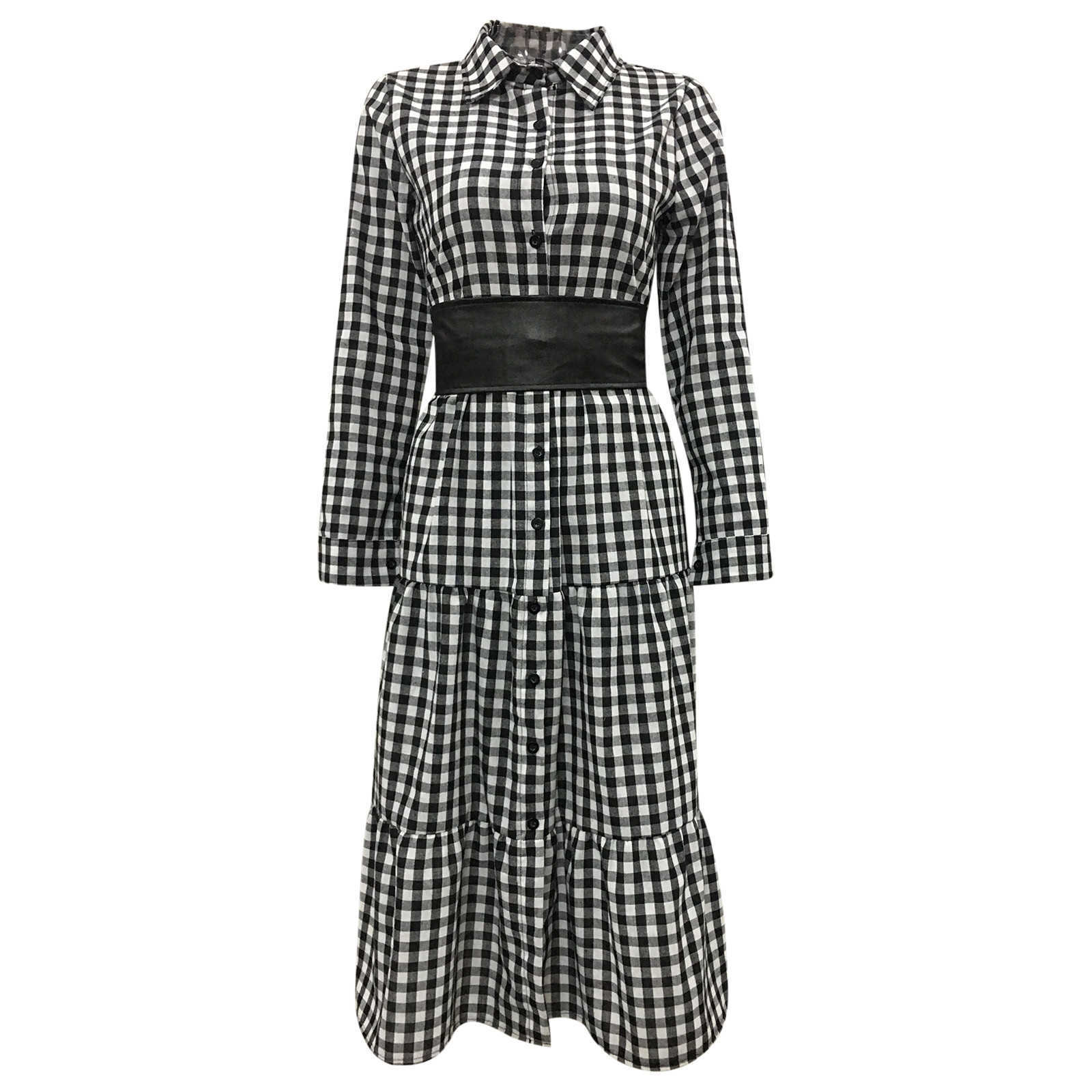Women's Casual Sundress Spring Lapel Shirt Dress Long Sleeve Mid-Claf Vestidos Female Button Robe Belted Plaid Turn-down Collar 210630