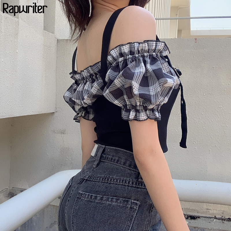 Rapwriter Adjustable Strap Summer T Shirt Patckwork Plaid Tops Ruffles Short Sleeve Streetweat Harajuku Tee Shirt Crop Tops 210302