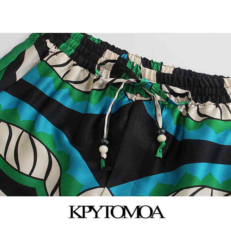 KPYTOMOA Women Fashion Side Pockets Print Wide Leg Pants Vintage High Elastic Waist Drawstring Female Ankle Trousers Mujer 211115