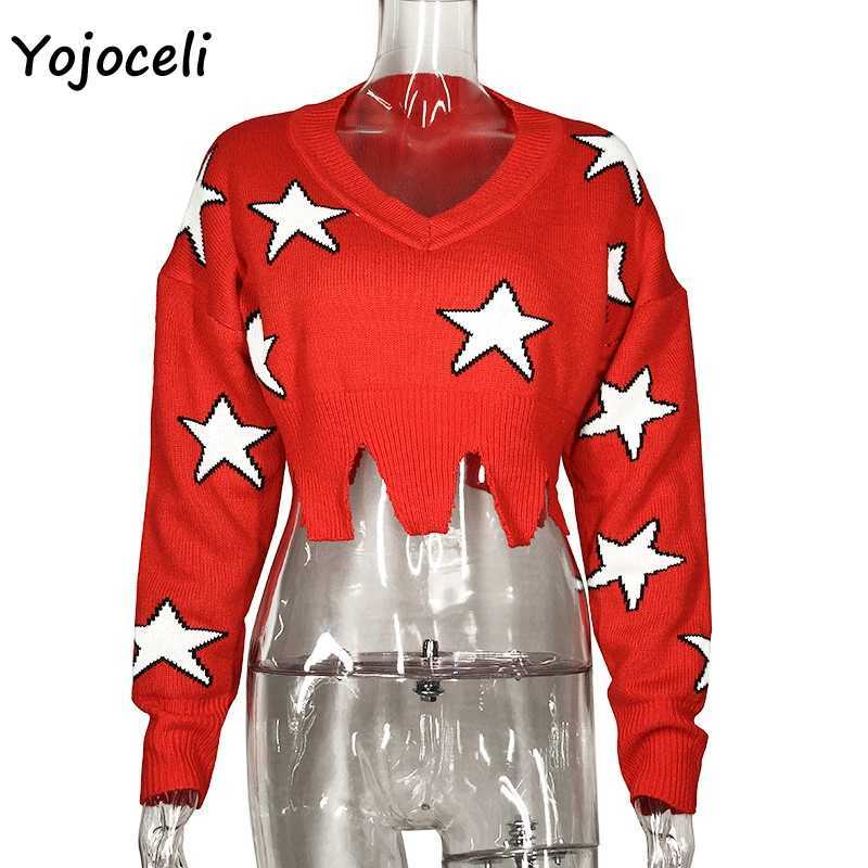 Yojoceli star knitted sweater v neck distressed pullover jumper women streetwear top 210609