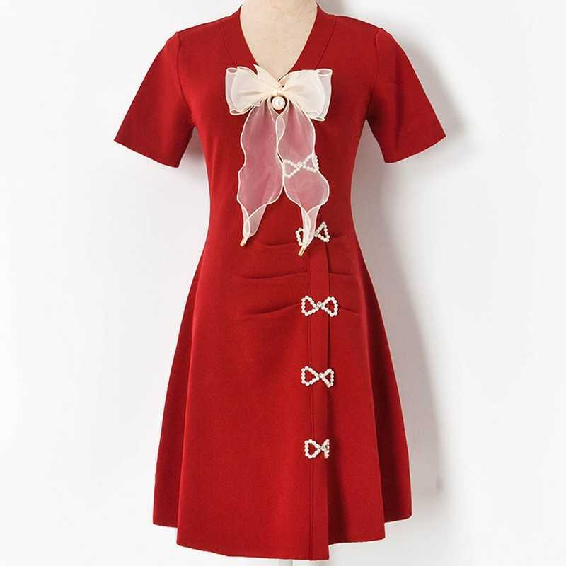 Summer Beading Bow Decoration Female V-neck Silm Waist Knit Woman Dress Elegant Sweet Fresh Dresses for Women 210525
