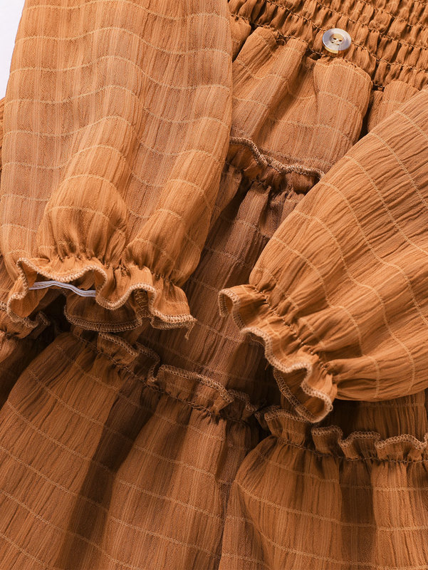 Girls Shirred Frilled Cold Shoulder Flounce Sleeve Ruffle Hem Chiffon Dress SHE