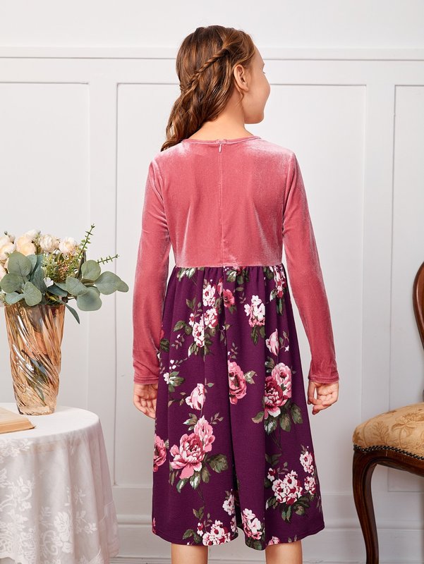Girls Floral Print Splicing Velvet Dress SHE