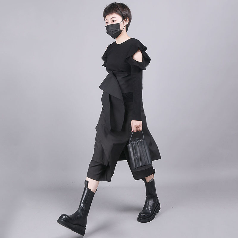EAM High Elastic Waist Black Split Joint Harem Trousers New Loose Fit Pant Fashion Spring Autumn 1R855 201012