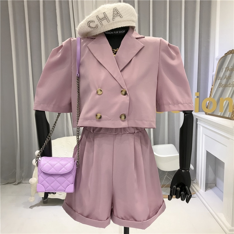 Summer Fashion 2 Piece Sets Womens Outfits Crop Jackets Double Breasted Turndown Collar Streetwear high Waist Shorts