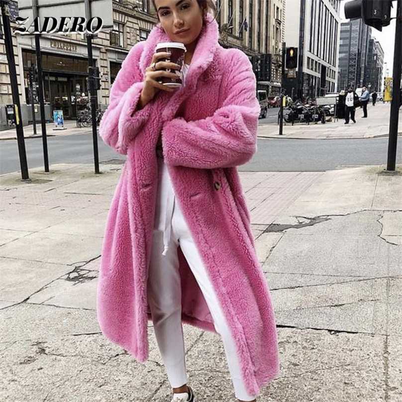 Pink Teddy Bear Long Coats Women Winter Thick Warm Oversized Chunky Outerwear Faux Lambswool Fur Coats Solid High Street 211123