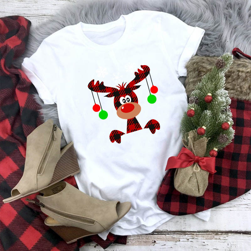 JCGO Women T Shirt Cotton Summer Plus Size 5XL Cartoon Christmas Deer Print Short Sleeve O-Neck Casual TShirts Tops Basic Tees 210306