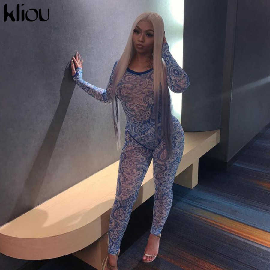 kliou fashion pattern Print Mesh Spliced Two Piece Set Women Long Sleeve See Through Bodysuit leggings slim 2 Piece Outfit 210714 - view 3