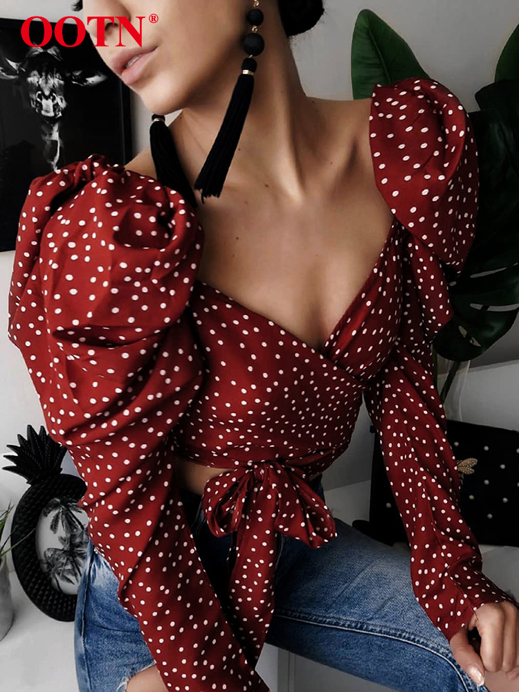 OOTN Vintage Polka Dot Women Puff Long Sleeve Wrap Top Elegant Lace Up Red Crop Top Blouse Sexy Backless Chic Female Shirts 220407