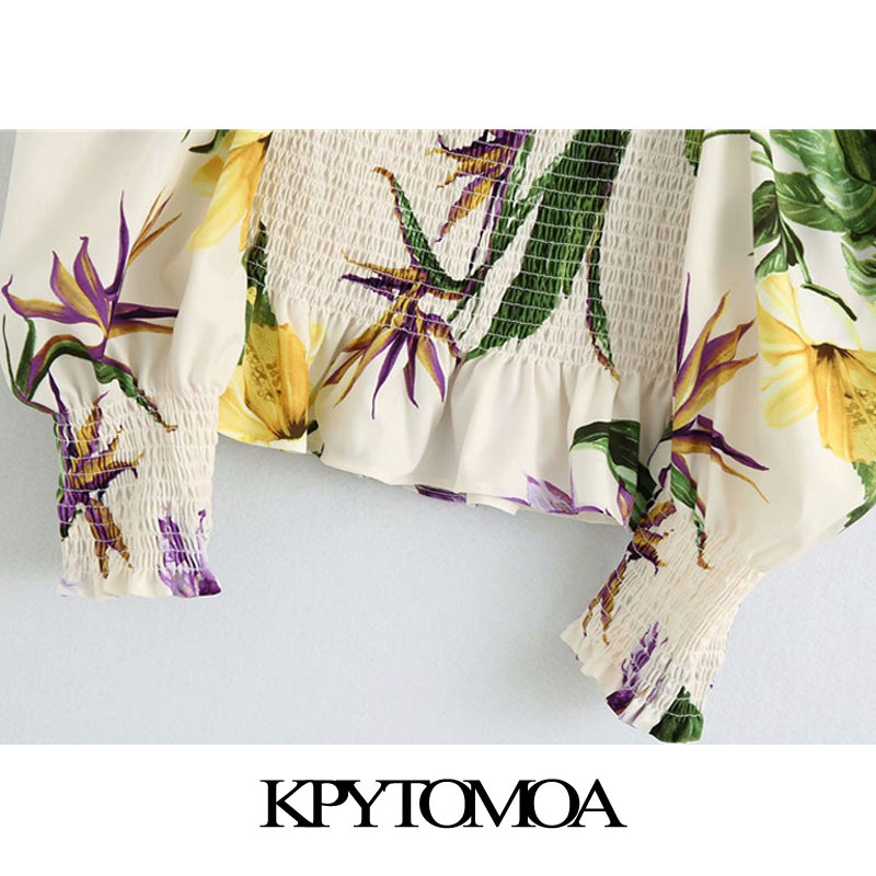 KPYTOMOA Women Fashion Floral Print Ruffled Cropped Blouses Vintage Lantern Sleeve Elastic Smocked Female Shirts Chic Tops 210225