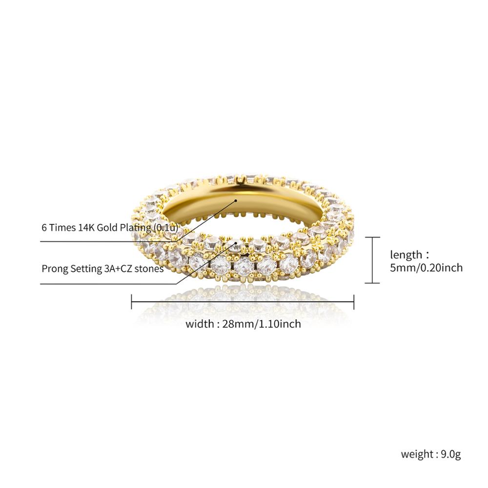 New In Charm 3 Row CZ Eternity Gold Ring With Side Stone Bling Iced Full Micro Pave Cubic Zirconia Hip Hop Punk Rock Rapper Wolf Tide Jewelry Gifts Fo