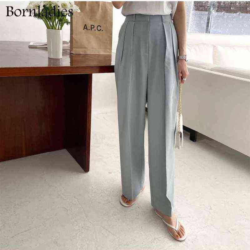 Bornladies Summer Casual High Waist Loose Straight Pants for Women Ladies Button Wide Leg Trousers Female Solid 211115
