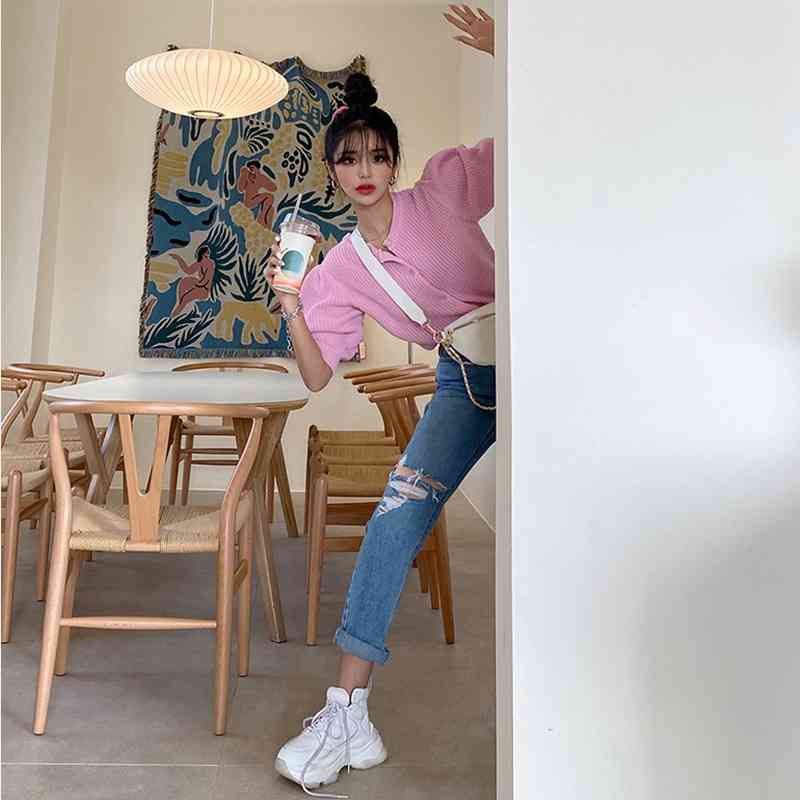 WOMENGAGA Korea Summer Tops Sexy Pink Women's Sweet Lady Puff Sleeve Short Knitted Slim T Sweater Women 8UY5 210603