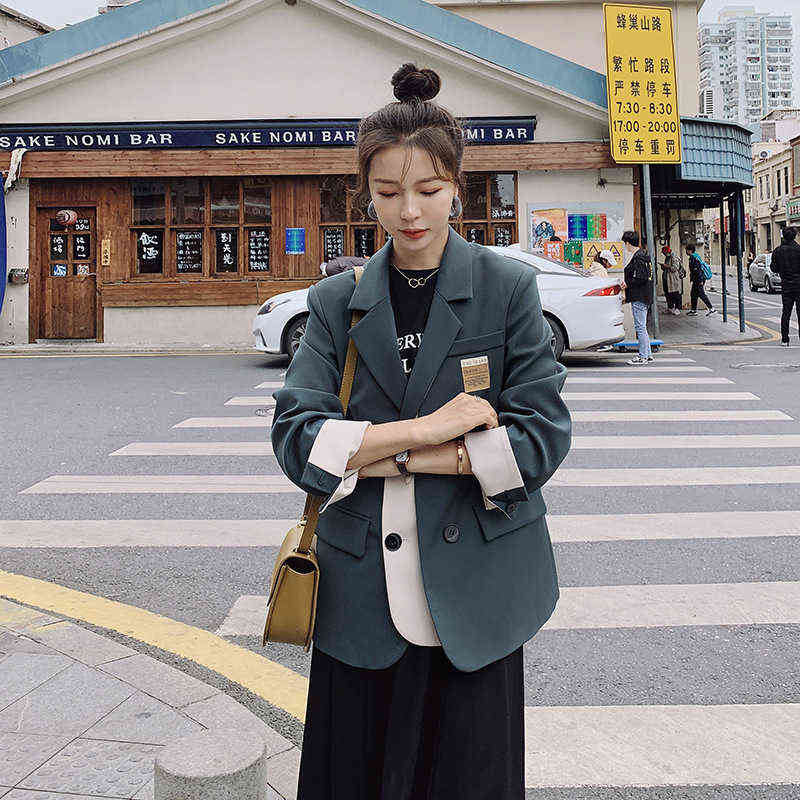 [EWQ] Autumn Female Office Lady Notched Collar Long-sleeved Single Breasted Patchwork Green Minimalist Blazer Coat 8P088 211122