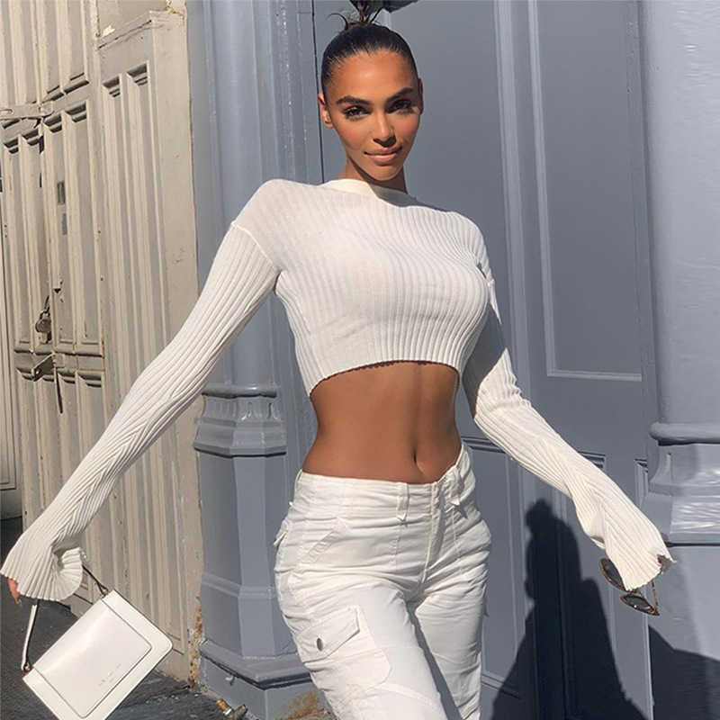 Colysmo Woman Long Sleeve Crop Tops Chic Cut out Flare Bead Bodycorn Tshirts Fall Women Casual Clothing 210527