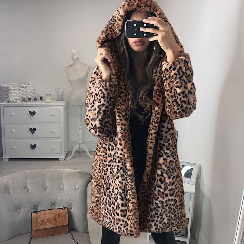 Women's Fur & Faux Autumn Winter Leopard Coats Women Hooded Coat Luxury Warm Plush Fake Jacket Fashion Artificial Womens Outwear