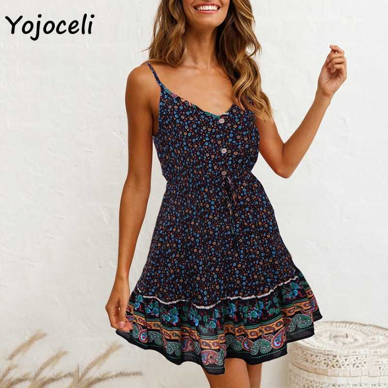 Yojoceli spring summer boho beach print dres button front sun mini female vestidos 210609