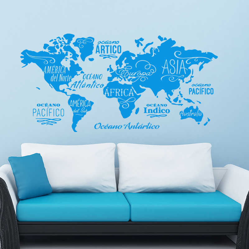 World map in words vinyl wall sticker Oceans and Continents in spanish home decor wall decals DIY house decor for living room 210929