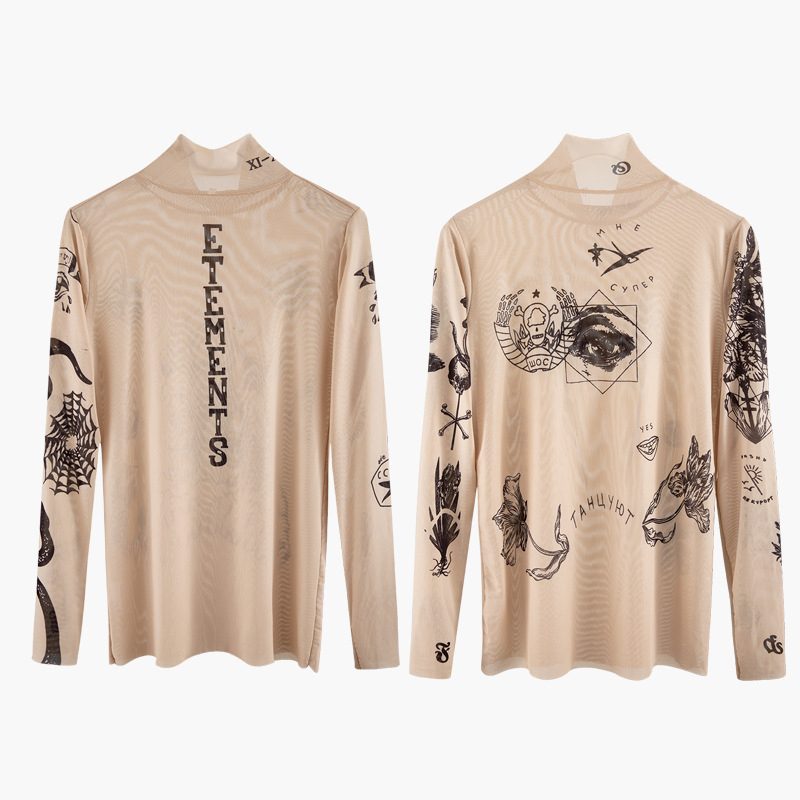 Women's T Shirt Russia Autumn New Fashion Women Basal Top Goddess Tatoo Print Vintage High Tight Collar Mesh Yarn SEXY T-shirt Tops B666 210302