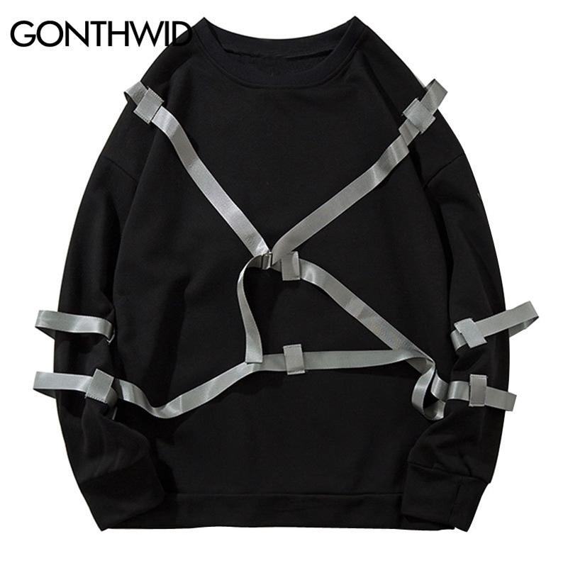 GONTHWID Ribbons Pullover Sweatshirts Hoodies Streetwear Men Hip Hop Punk Rock Solid Color Tops Hipster Fashion Casual Hoodie 201020