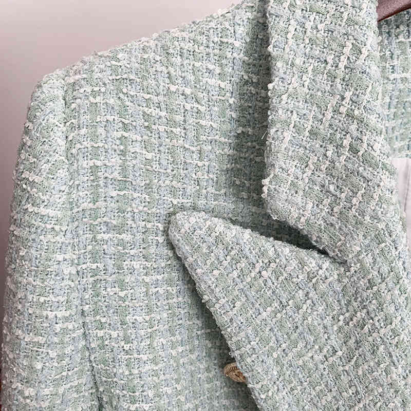 Tweed Mint Green Blazer Ladies Summer Jacket Coat Slim Office Business Double-breasted Woven Wool 210525