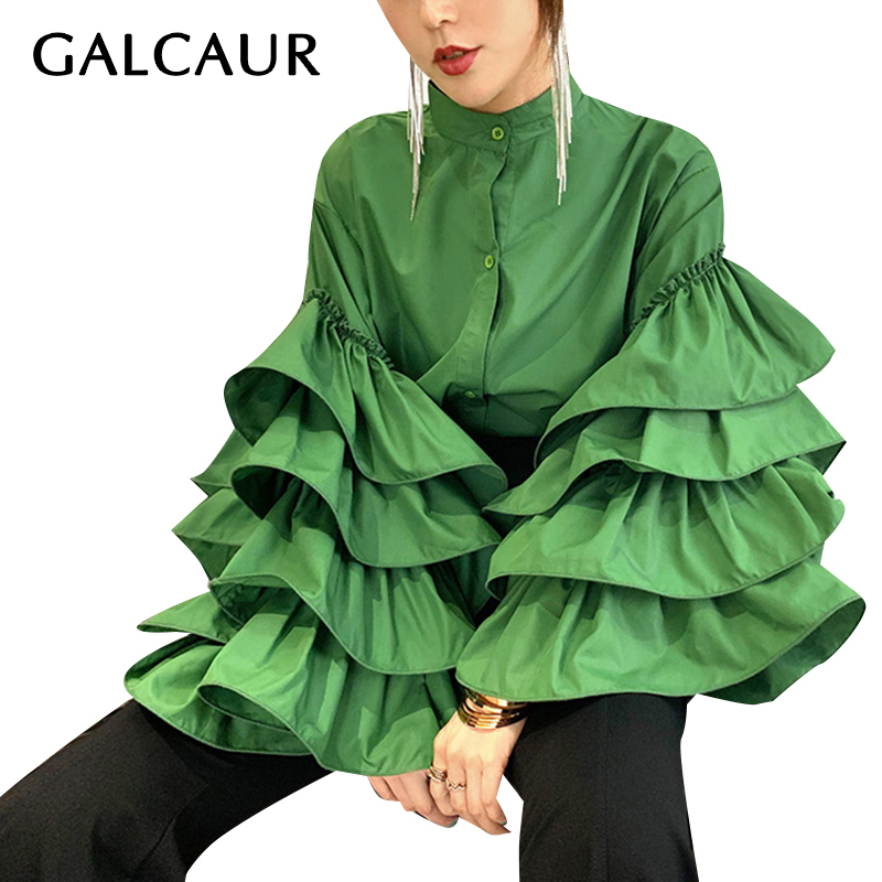 GALCAUR Korean Patchwork Ruffles Women's Shirt Stand Collar Lantern Long Sleeve Large Size Loose Blouse Female Fashion New 210225