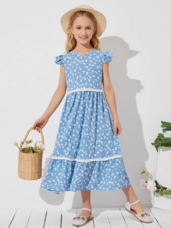 Girls Ruffle Trim Schiffy Detail Floral Dress SHE