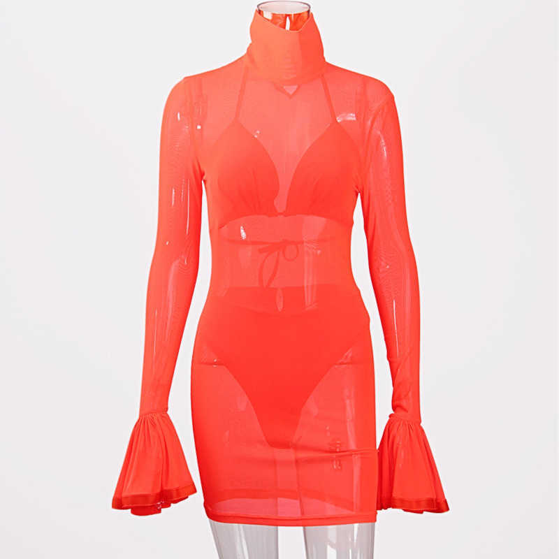 DEAT Women Net Yarn Perspective Dress Turtleneck Ruffles Long Sleeve Arrivals Lady Sexy Fashion Spring Summer 11D1111 210709