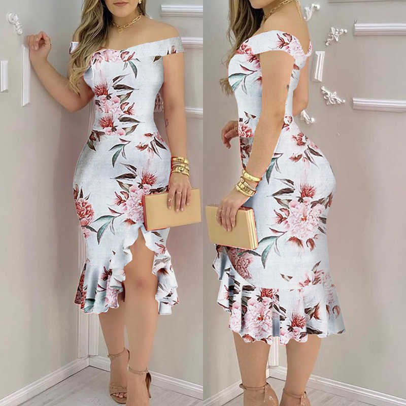 Women Off Shoulder Ruffled Bodycon Dress Floral Print Robe Slit Cocktail Party Dress 210716, White
Women Off Shoulder Ruffled Bodycon Dress Floral Print Robe Slit Cocktail Party Dress 210716, White