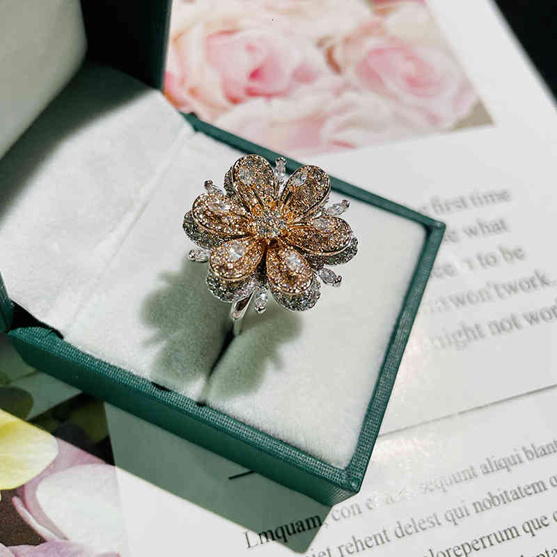 Heavy Industry Micro Inlaid Ring Copper Zircon Double-layer Three-dimensional Hexaphyllum Flower Opening Adjustable Diamond Jewelry
