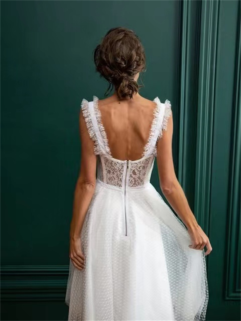 Feather Evening Dresses Lace Appliques Dots Women Prom Dress Bow Tea Length Sleeveless Off Shoulder Back Zipper Robe De Soriee