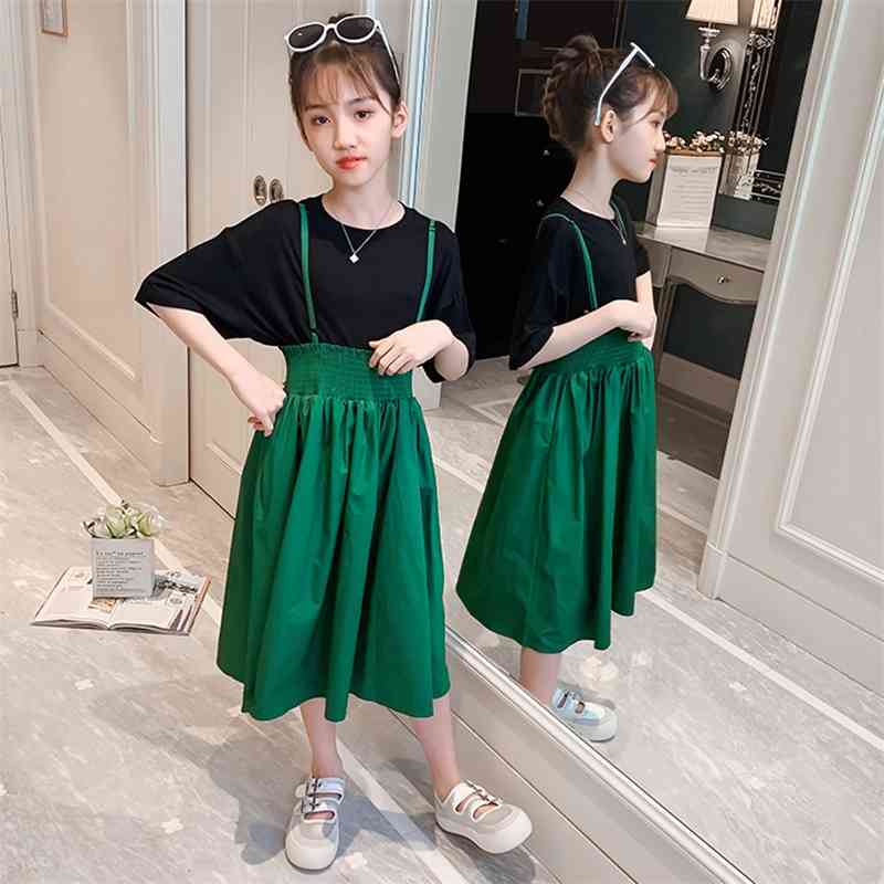 Children Clothes Solid Tshirt + Dress Teenage Girls Clothing Summer Kids Casual Style Kid 6 8 10 12 14 210528