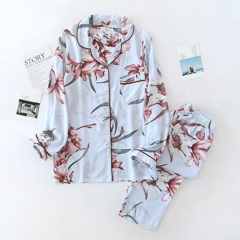 Spring and summer viscose ladies small fresh printed artificial cotton pajamas thin cool flowers long-sleeved home service suit 211007