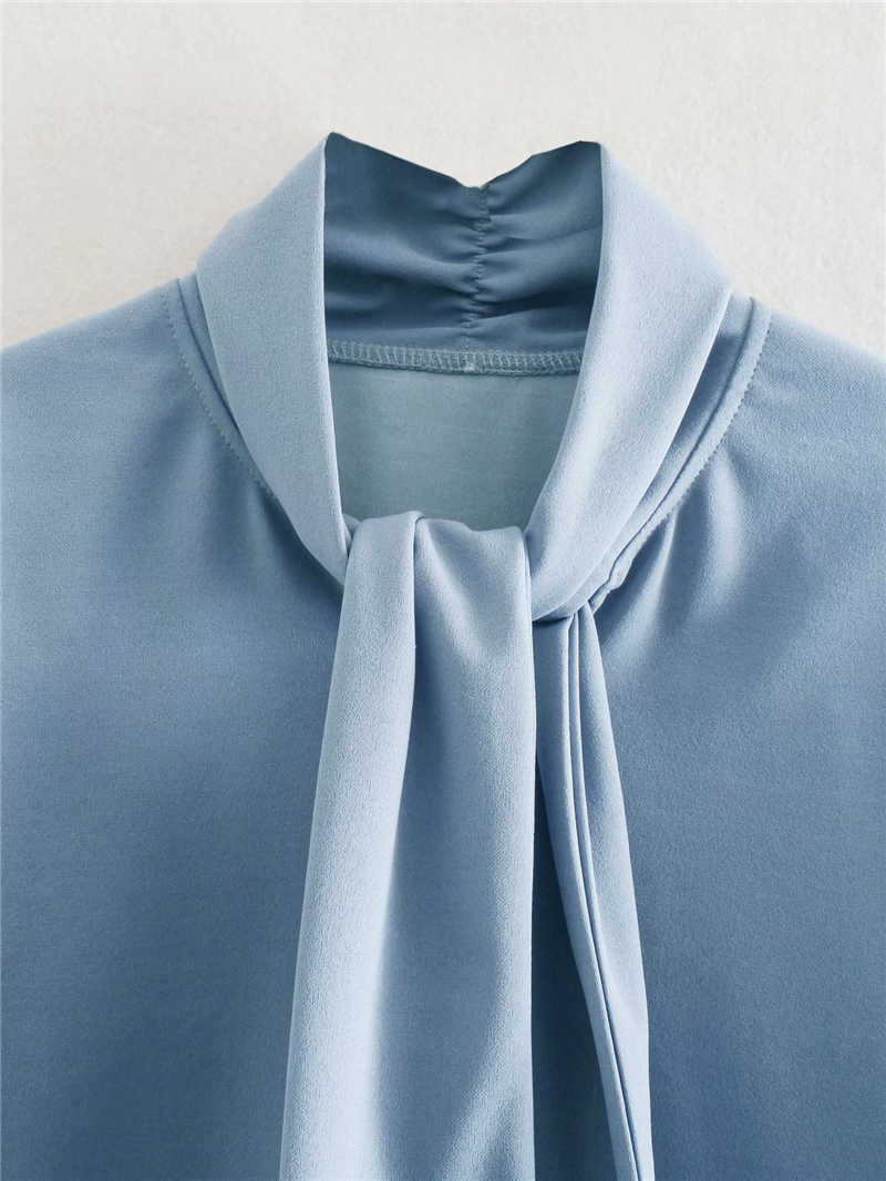 Elegant Women Solid Soft Shirts Fashion Ladies Stand Collar Cord Tops Sweet Female Chic Sky Blue Blouses 210527