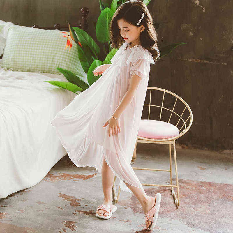 Pajamas For Girls Summer Princess Lace Nightdress Children'S Pyjamas soft Nightgown Home Clothes 4 6 8 10 12 14 Years Old 211105