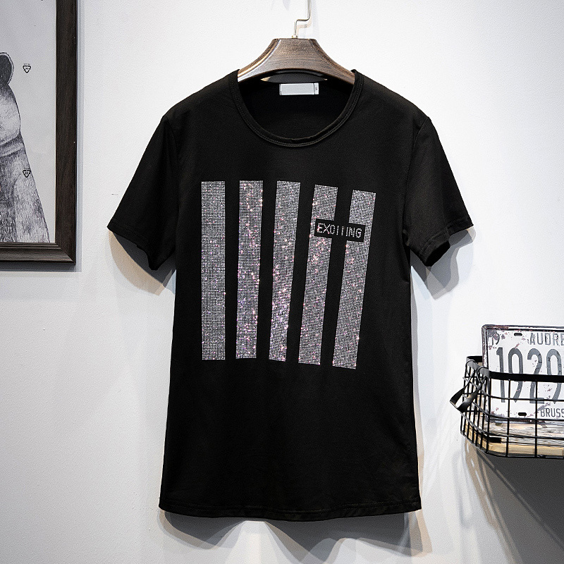 Short sleeve T-shirt women Summer clothes New fashion Hot drilling printing loose cotton Bottoming shirt Pullovers female 210306