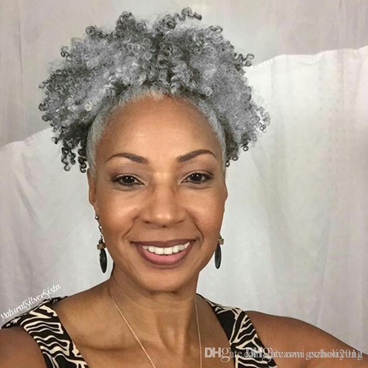 Gray human hair ponytail extension short afro kinky curly puff grey pony tail hairpiece drawstring silver black women hairs extensions clip ins 120g