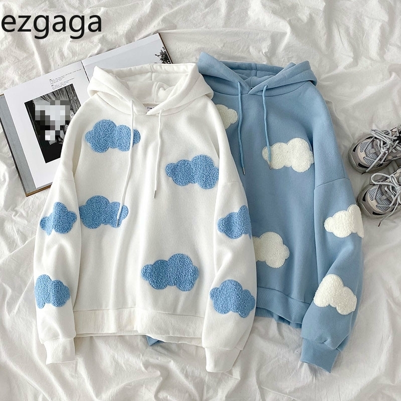 Ezgaga Harajuku Hoodies Women Casual Preppy Style Sky Clouds Embroidery Sweatshirt Loose Long Sleeve Pullover Streetwear Female 201204