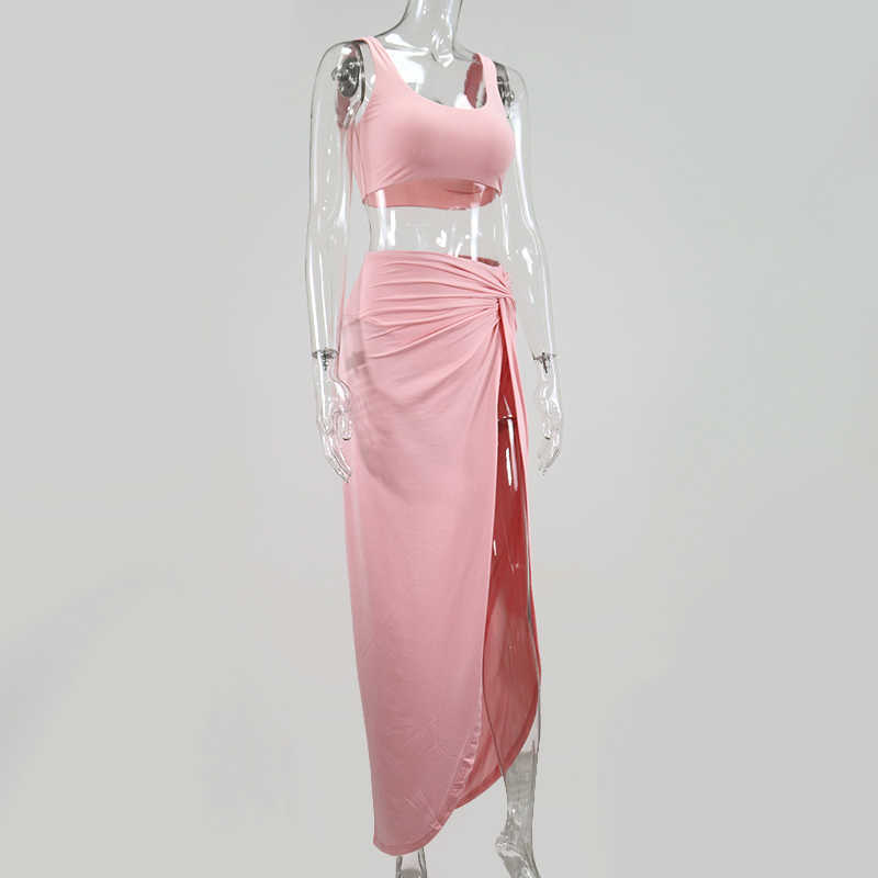 Colysmo Long Skirts Two Piece Set Women Crop Top Twist Sets Summer Solid Color Sexy Party Club Wear 2 Outfits 210527