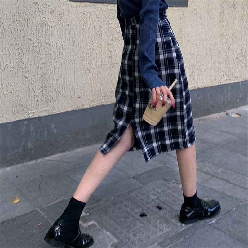 Elegant plaid Women Long Skirts Autumn Plus Size Pencil Long Lady Skirt Female Vintage Warm Wool Midi Skirts Femme Faldas Muje 210306