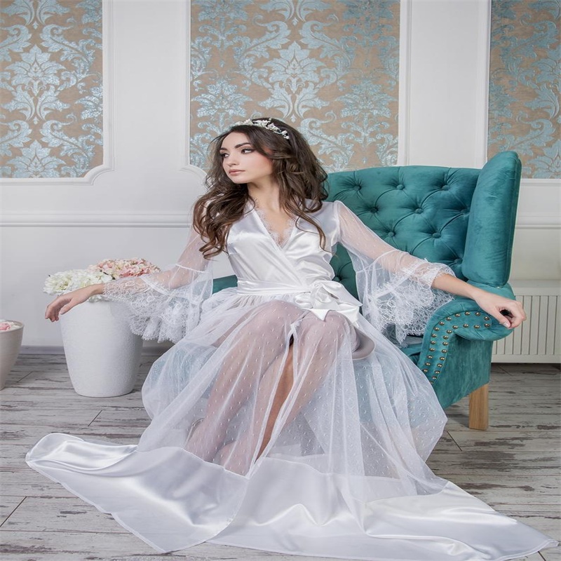 White Bride Sleepwear Robes With Belt Hot Sale Sexy V Neck Long Sleeve Custom Made Soft Silk Satin Lace Women Sleepwear Pajamas Dresses
