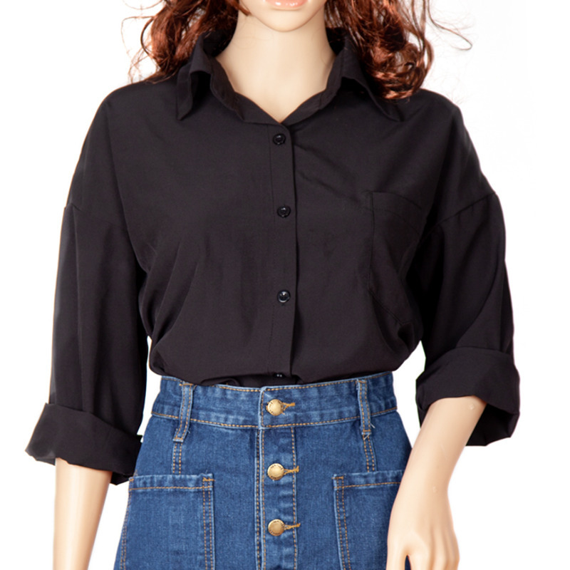 RICORIT Spring Shirt Women Shirt White Shirts Blouse Female Blouse One Pocket Long Sleeve Lapel OL Style Women Loose Blouses Top 210225