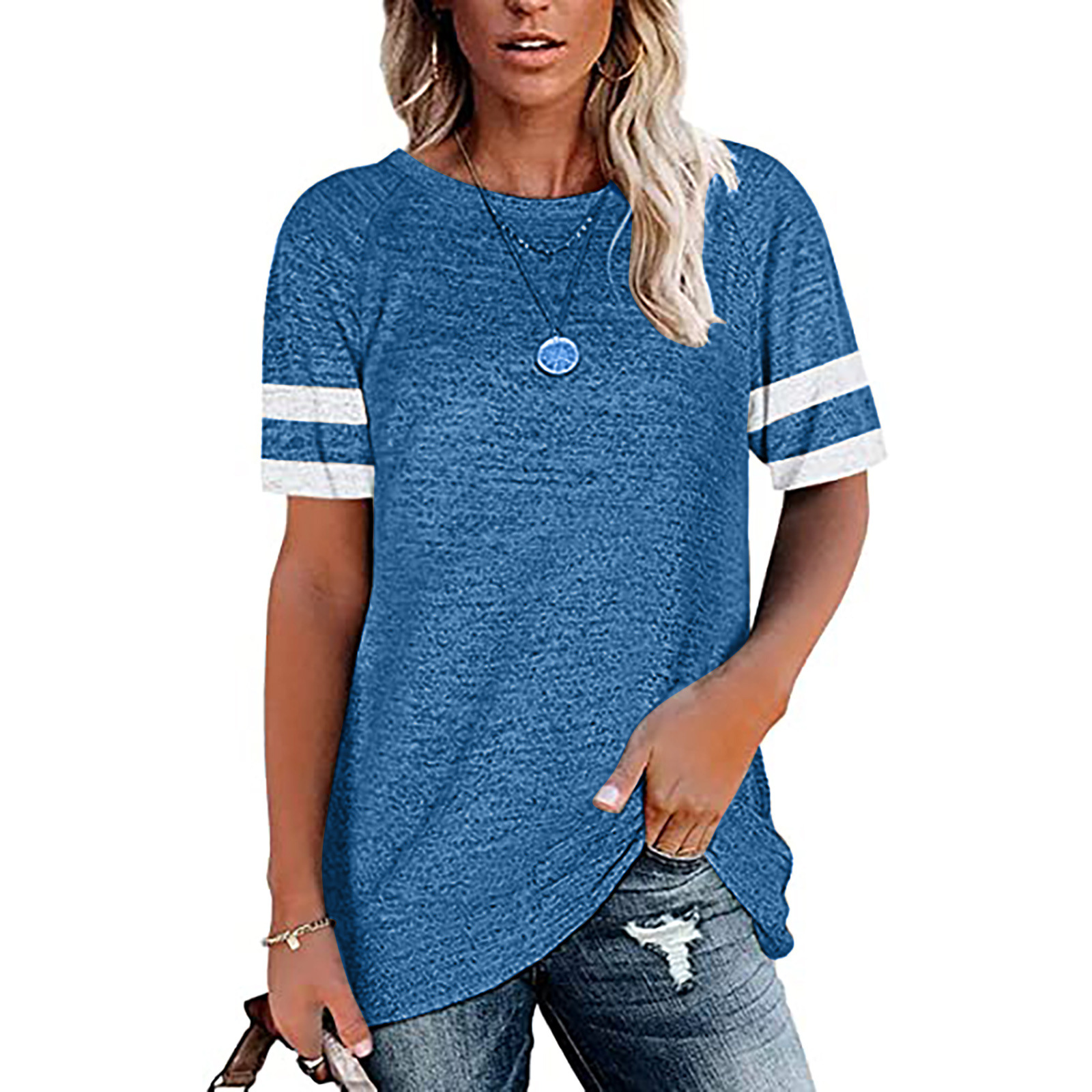 2022 T-Shirt style European and American stitching round neck casual short sleeve loose top women